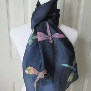 Lovely DRAGONFLY Hand-Painted Scarf Sheer Navy Blue Silky